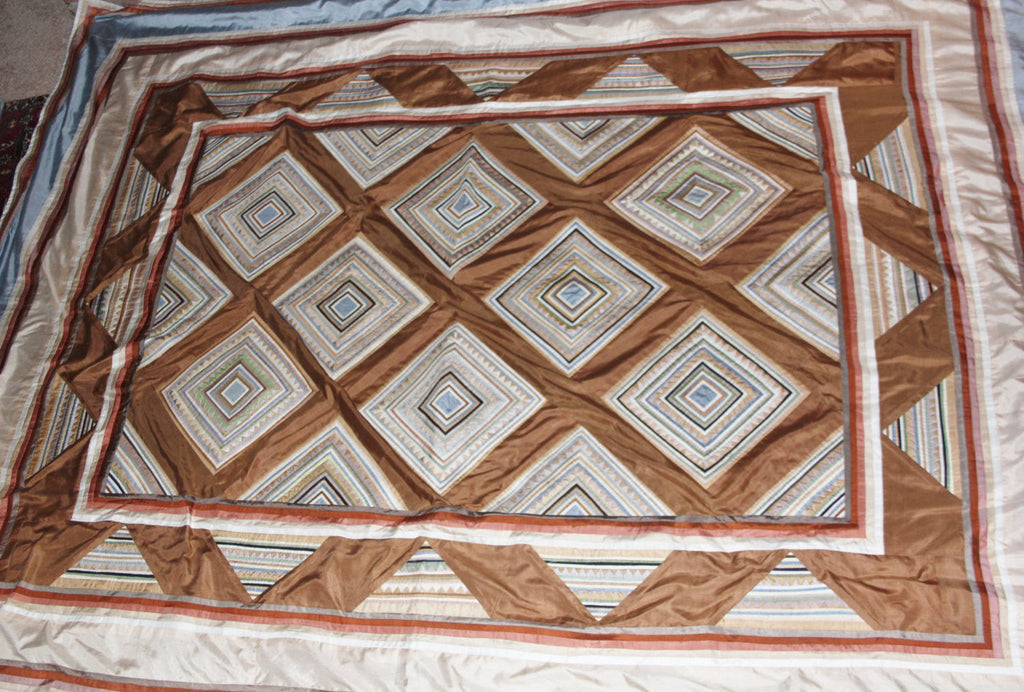Silk Bed Spread : Handmade Vintage Custom Designed Queen Sized Thai Silk Bed Spread in Homong Pattern, From Chiang Mai, Thailand #471