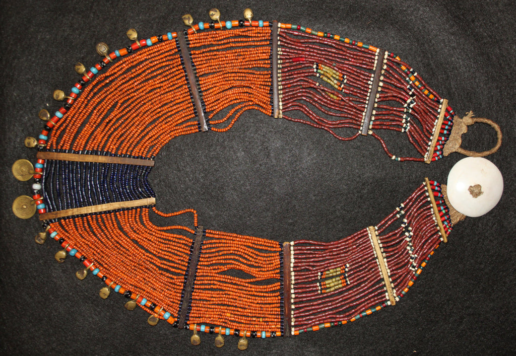 Vintage Jewelry : Authentic Vintage Konyak Dark Orange Large Collar Necklace with Brass Bells and Spiral Elements #556