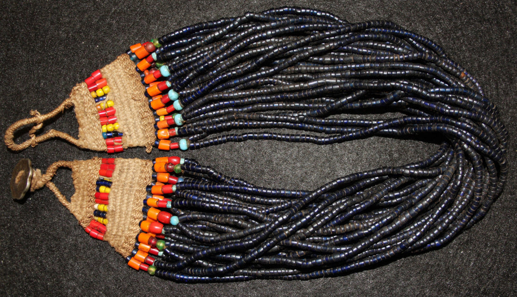 Nagaland : Authenic Vintage Naga Short Cobalt Blue Glass Bead Necklace with Beaded Macrame #574