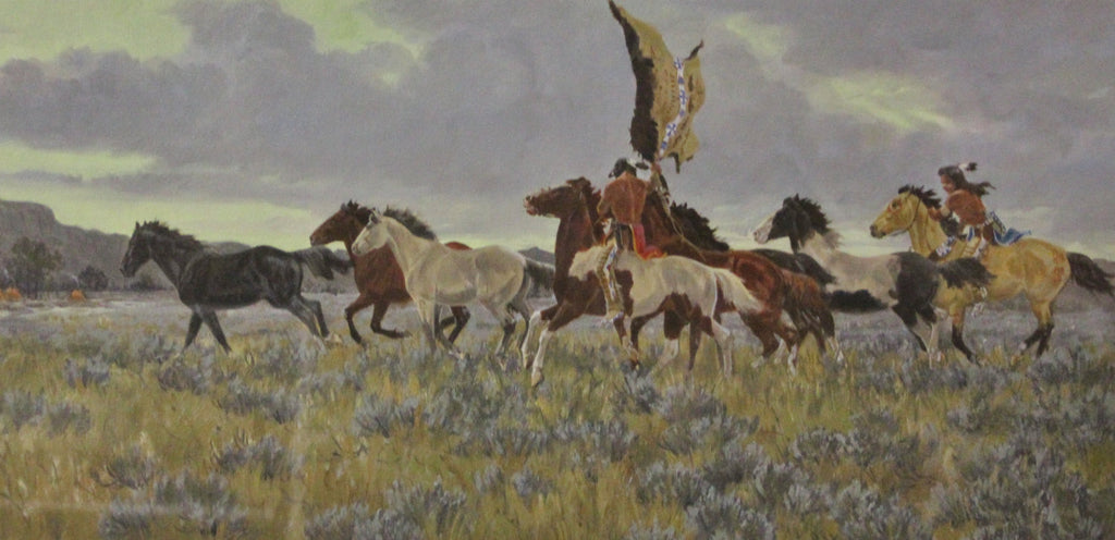 Native Art : Ron Stewart, ‰ÛÏSurprise Raid‰ Water Color, Western Artist, Ron Stewart Opaque Water Color Painting, Artist's Remarque, Signed,
