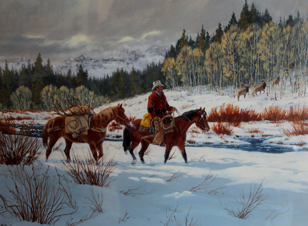 Ron Stewart, Western American Water Color, NRA "Elk-Journey Home", Christmas Card Art, NRA Christmas Card 1988, Estate Art, Ron Stewart Art