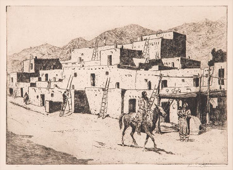 Western Artist, Edward Borein (1872-1945). "A Street in Taos" Dry Point Etching, Galvin Plate #231, #885-