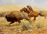 Western Artist, Russ Vickers (American, 1923-2007), “Buffalo Hunter” Oil on board, 1983, #985 Sold