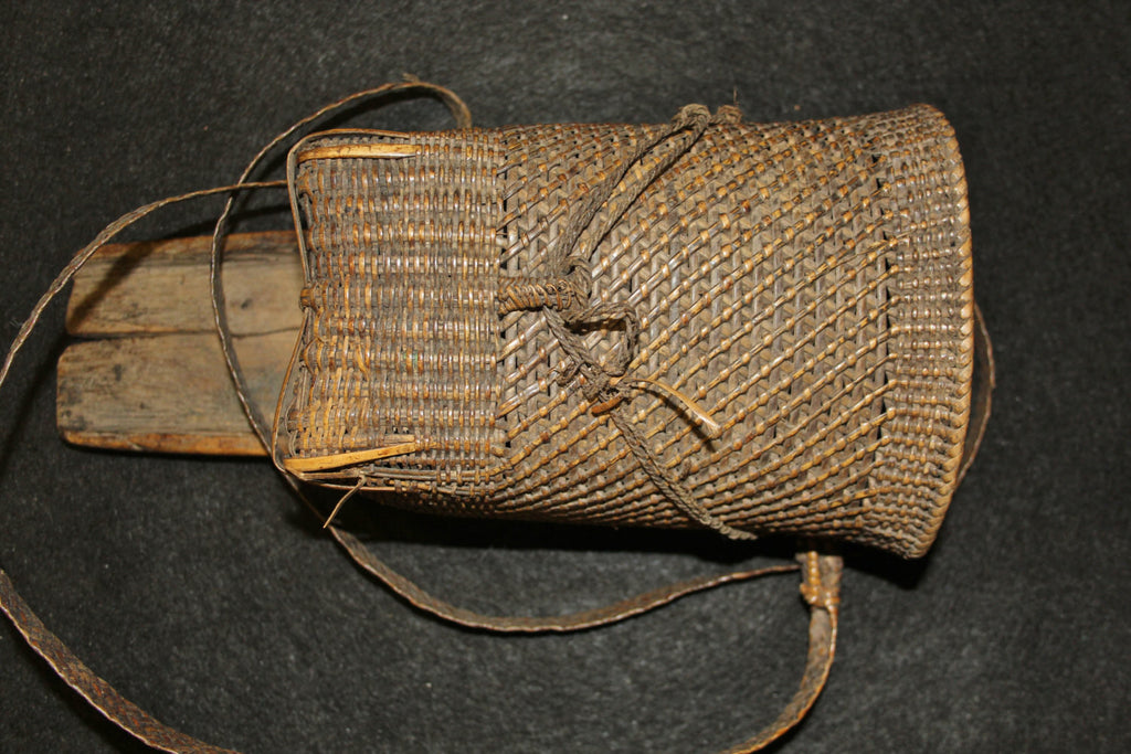 Naga :  Authentic Naga Dao Holder Made from Wood and Rattan with a Small Side Basket #578