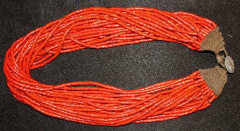 Naga 23 Strand Large Tubular Orange Tile Bead Necklace with Old Metal Button Closure #631