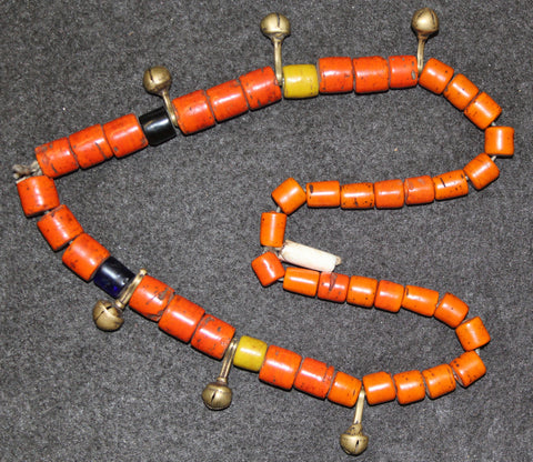 Tile Beads : Authentic Konyak Naga X Large Orange Tile Bead Strand with Additional Brass Bells #632 Sold