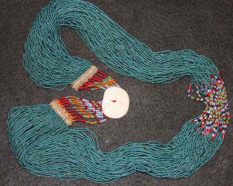 Long Necklace : Authentic Naga Extra Long Teal Royal Glass Bead Necklace with Fine Beaded Clasp #636