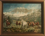 Western Oil Painting, by L. Karren-Brakke of running horses and Cowboys. Ca 1970's, C#1485
