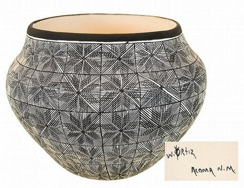 Acoma Vessel : Native American Acoma Pottery Vessel, by W. Ortiz #7-SOLD
