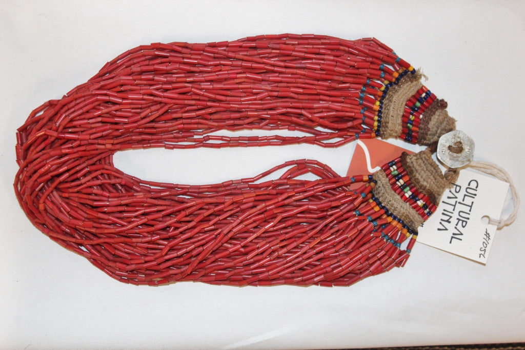 Glass Bead Necklace : Authentic Naga Heavy Red Multi-strand Glass Bead Necklace, with Macrame Closure #1056 Sold