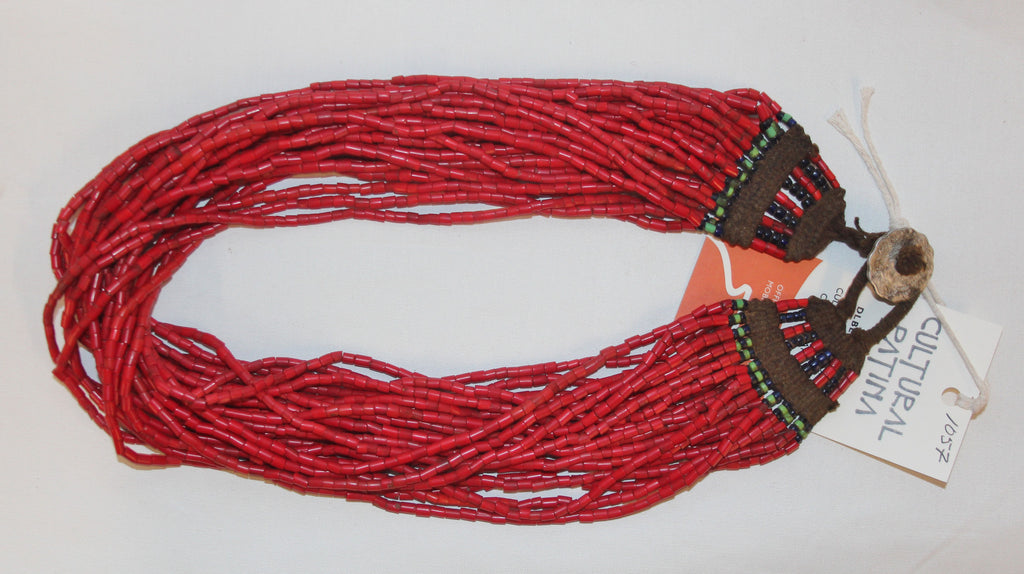 Glass Bead Necklace : Naga Heavy Red Multi-strand Glass Bead Necklace, with Macrame Closure #1057