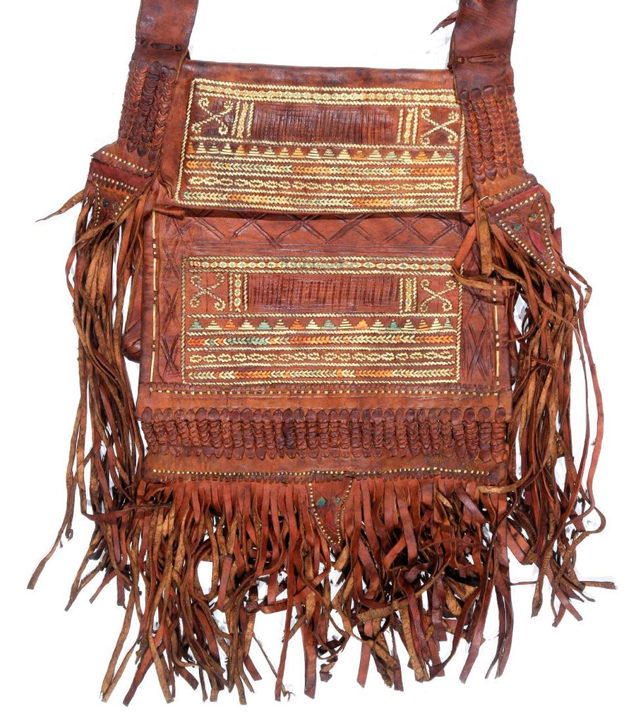 Vintage Moroccan Tooled Leather Shoulder Bag, with Beads, Fringe, Ca 1970"s, #1146 Sold