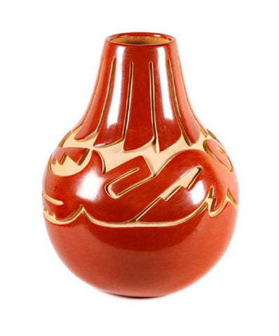 Native American, Vintage Santa Clara Carved Redware Vase With Avanyou by Vikie Martinez, Ca 1997, #1436