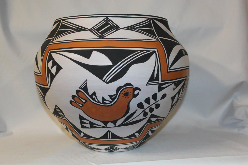 Native American Pottery : Great Large Acoma Polychrome Jar with Bird, Floral, and Fine Line Motif #56