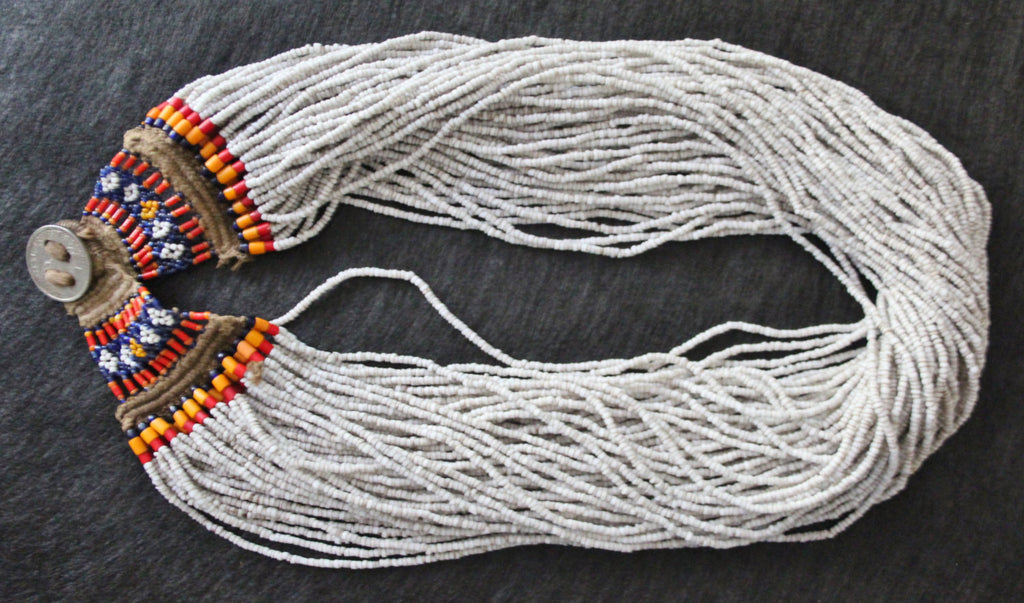 Vintage Necklace : Authentic Vintage Konyak White Necklace with Flower Pattern Beaded Macrame from Nagaland, NE India #482