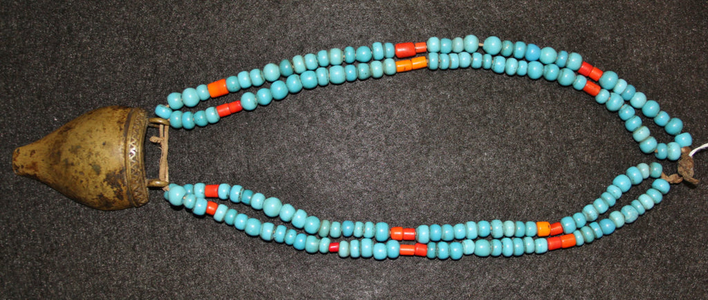 Glass Beads : Authentic Vintage Naga Turquoise Glass Bead and Brass Pendent Necklace #571