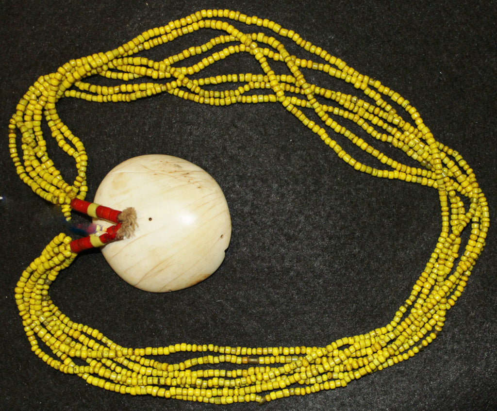 Glass Beaded Necklace : Authentic Naga Heavy Yellow Multistrand Glass Bead Necklace with Large Shell Closure #586