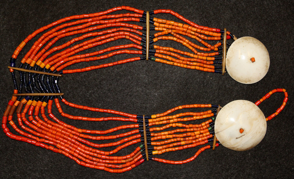 Beads : Authentic Konyak Naga Small Orange Tile Bead Collar with Disc Shells #608