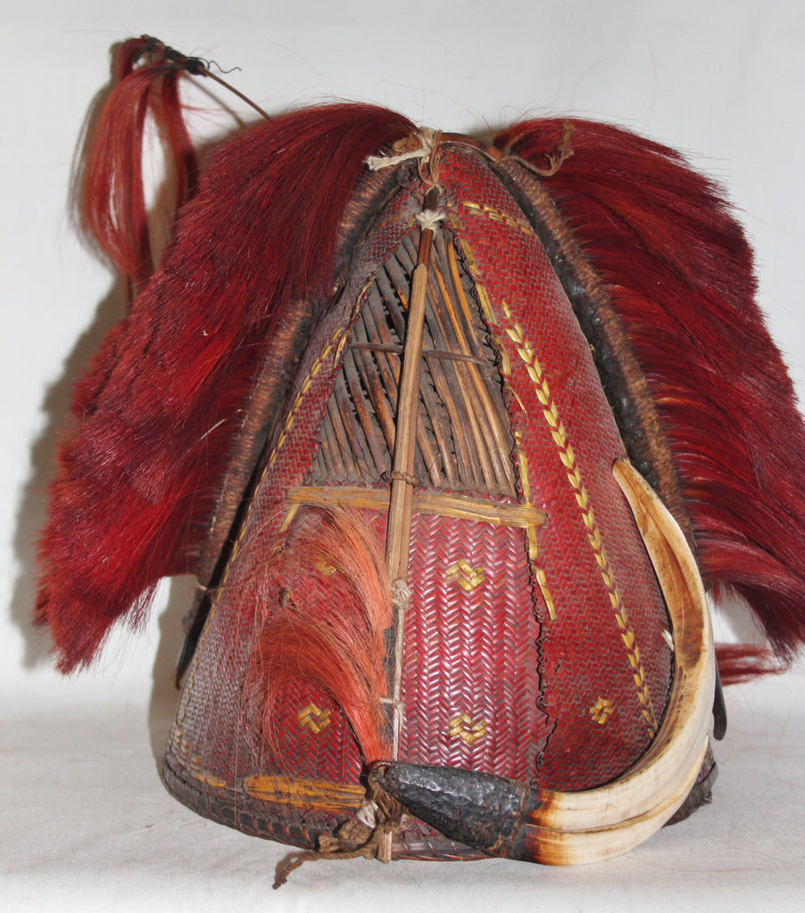 Warrior : Authentic Chang Warrior Hat with Red Goat Hair Top Piece and Attachment and Boar‰۪s Tusks #622