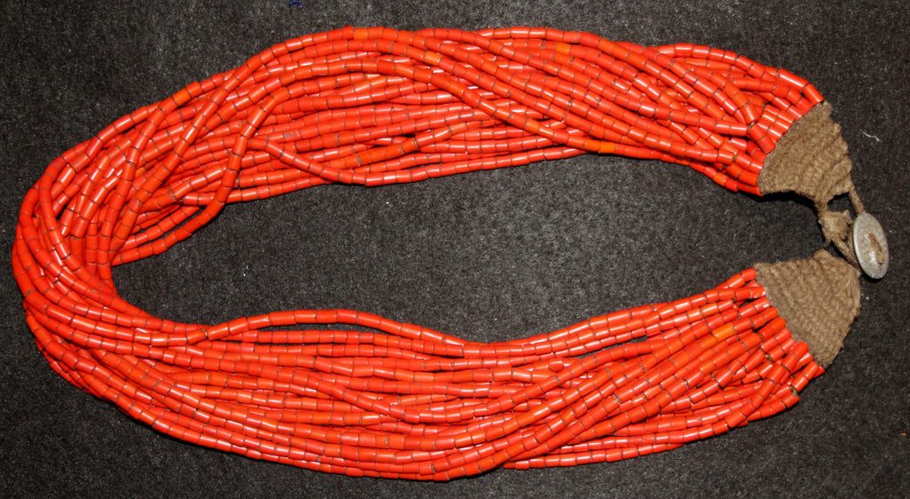 Tile Beads : Authentic Naga 23 Strand Large Tubular Orange Tile Bead Necklace with Old Metal Button Closure #631