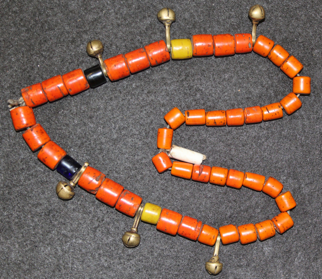 Tile Beads : Authentic Konyak Naga X Large Orange Tile Bead Strand with Additional Brass Bells #632