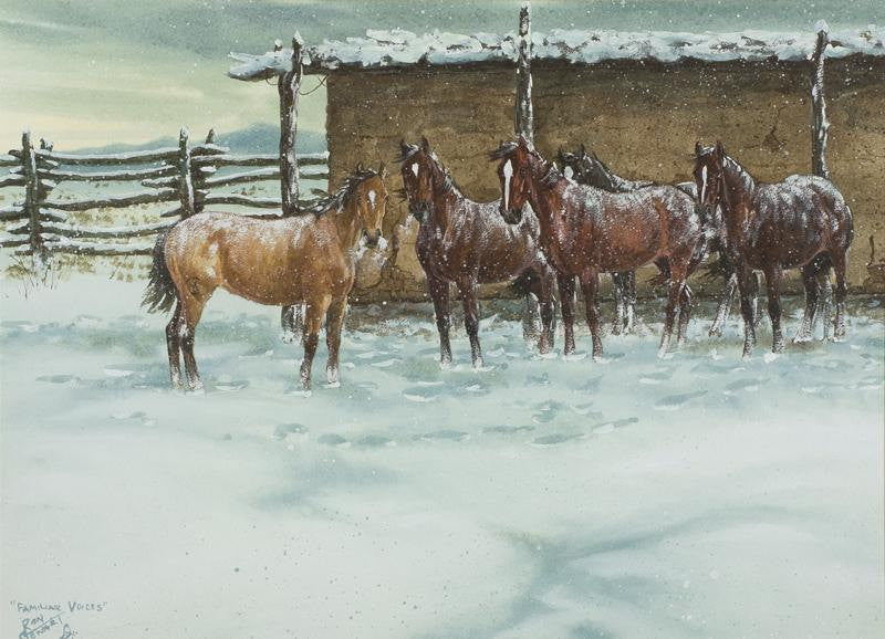 Horse Painting : Ron Stewart, Opaque Water Color, Signed, Familiar Voices, Vintage, 1978, Horses in Corral, Watercolor on Paper