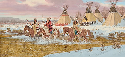 Indian Painting : Ron Stewart, "Blackfoot Village", Signed,  Opaque Water Color Painting,  Original, Western Painting, Ca 1984, #384
