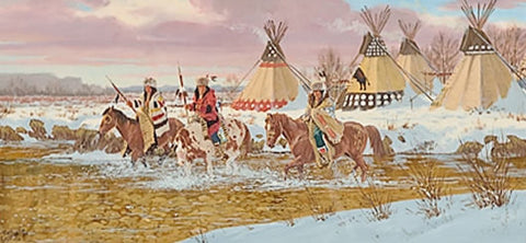 Ron Stewart, "Blackfoot Village", Opaque Water Color Painting,  Ca 1984, #384