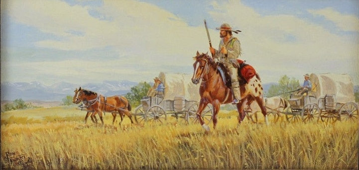 Western Painting : Ron Stewart, Oil Painting, Signed, ‰ÛÏWestward‰۝, Vintage, 1989, Artist‰۪s Symbol, Mountain Guide with Wagon Train,