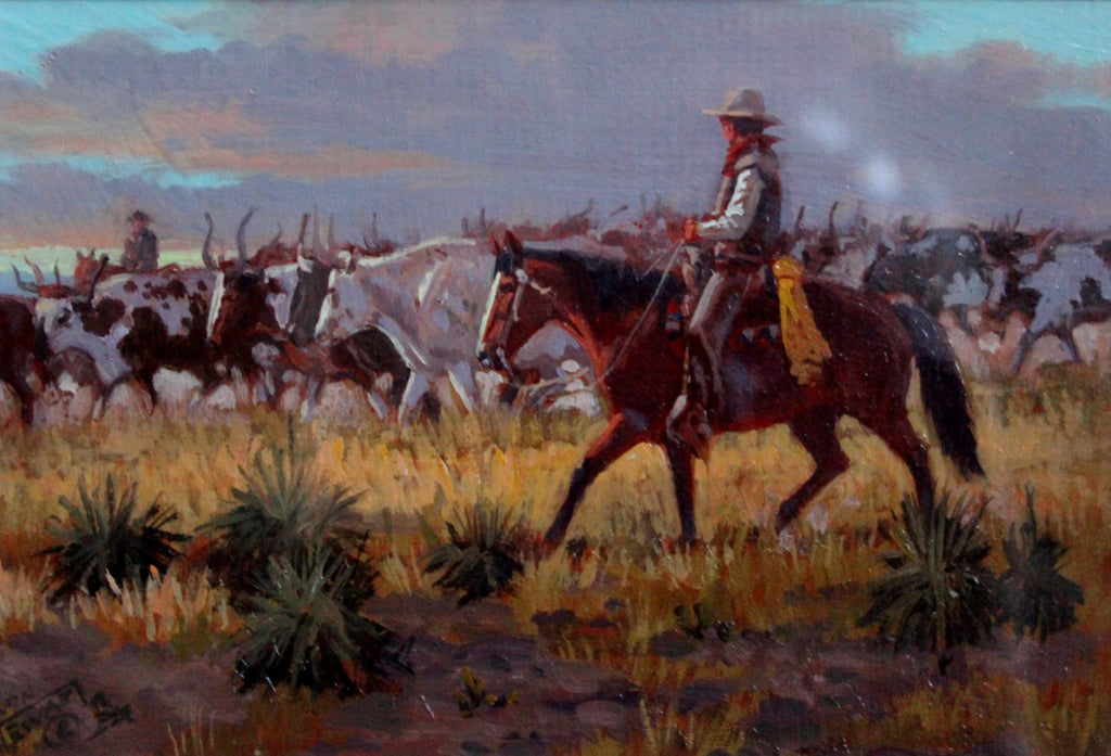 Western Painting : Long Horn Trilogy, Ron Stewart, Oil Painting Under Glass, Scottsdale, AZ, Signed, Artists Remarque, Western Artist