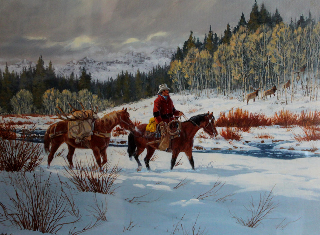 Ron Stewart,  Western American Water Color, NRA "Elk-Journey Home", Christmas Card Art, NRA Christmas Card 1988, Estate Art, Ron Stewart Art