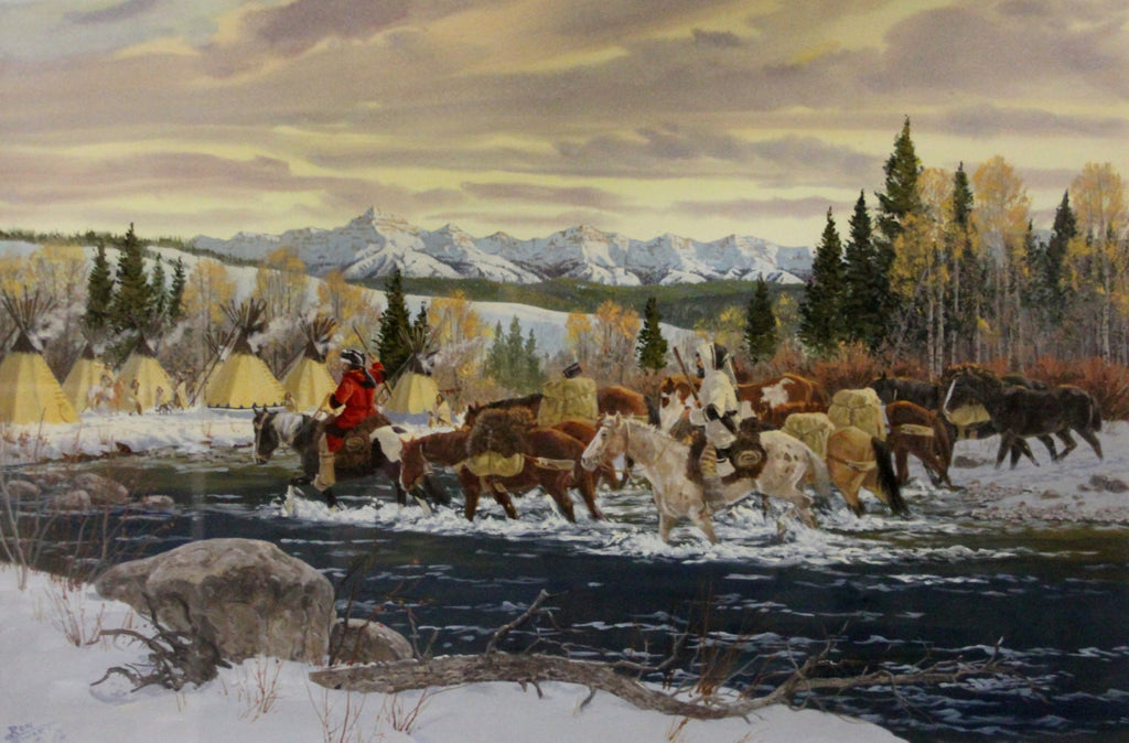 Winter Art : Ron Stewart Western Artist, Ron Stewart Art, Signed, Detailed Remarque, "Winter Visitors", Painted in 1979, Water Color,