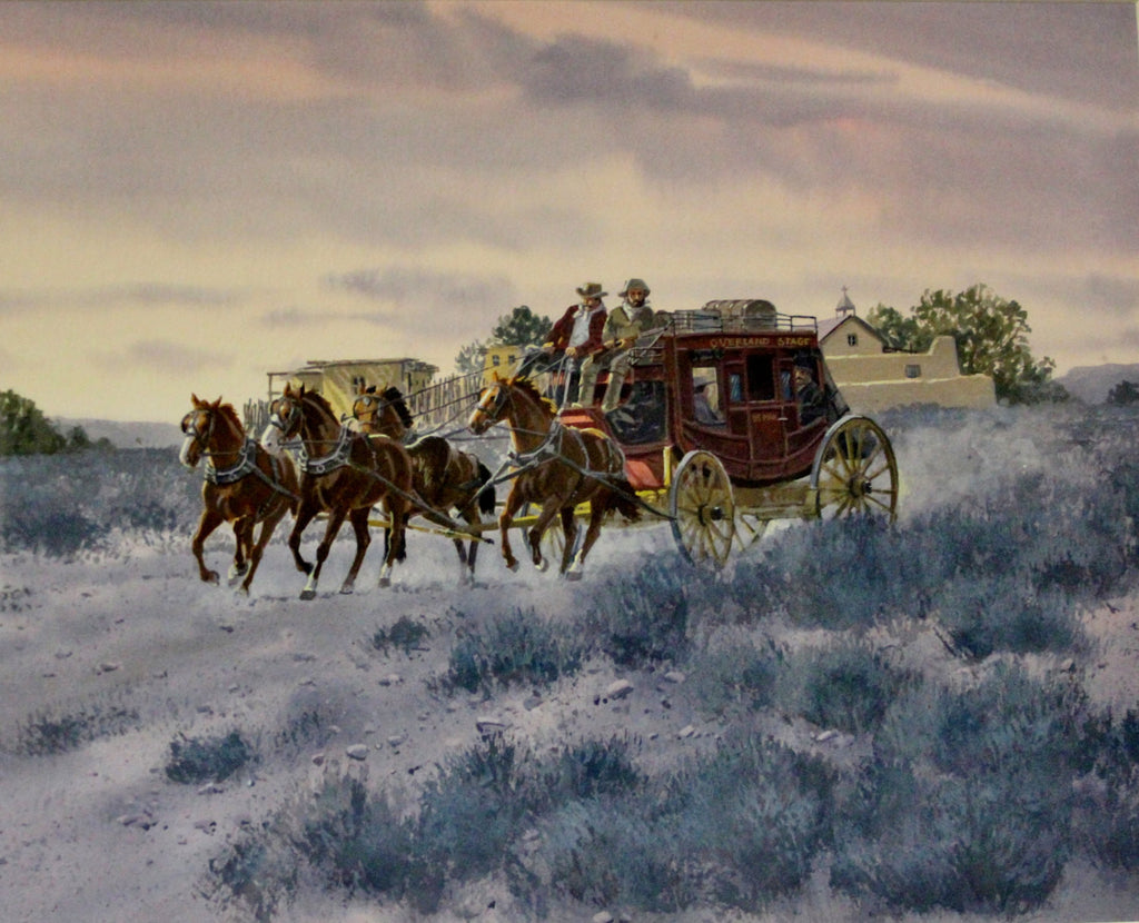 Western Art : Ron Stewart Water Color, "Stage to Santa Fe", Ron Stewart Art, Stage Depot Remarque. Western Art, StageCoach, Signed