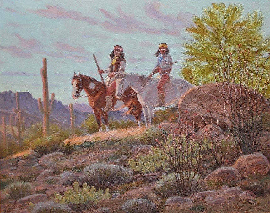 Indian Painting : Ron Stewart Painting, Western Artist, "Arizona Evening",Original, Oil Painting, Indians on Horseback. Ron Stewart Fine Art