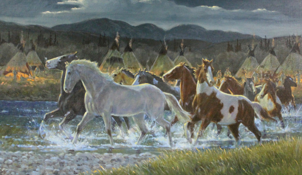 Wild Horses : Original Ron Stewart Oil, "Ponies for Warriors" Signed Ron Stewart, Ron Stewart Western Art, Ron Stewart Art