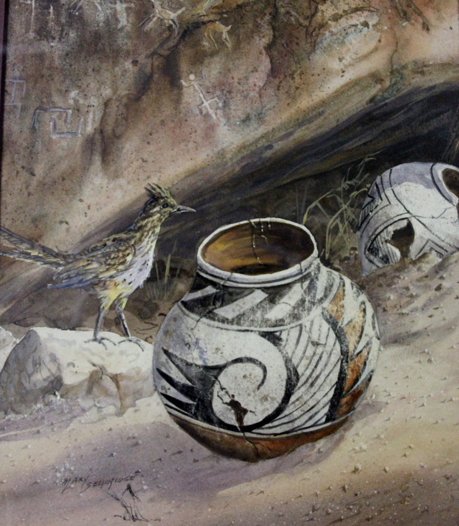 Water Color : Mary Selfridge Artist, Mary Selfridge Art, Water Color, Titled "Secrets", Pot Shards. Feathers, Roadrunner, Ancient Pottery
