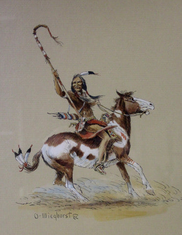 Indian Painting : Olaf Carl Wieghorst Artist, Western Art, Gouache and Ink, "War Staff", Signed American, 1899-1988, Olaf Wieghorst #105 Sold via Jackson Hole Art Auction 9-19-15