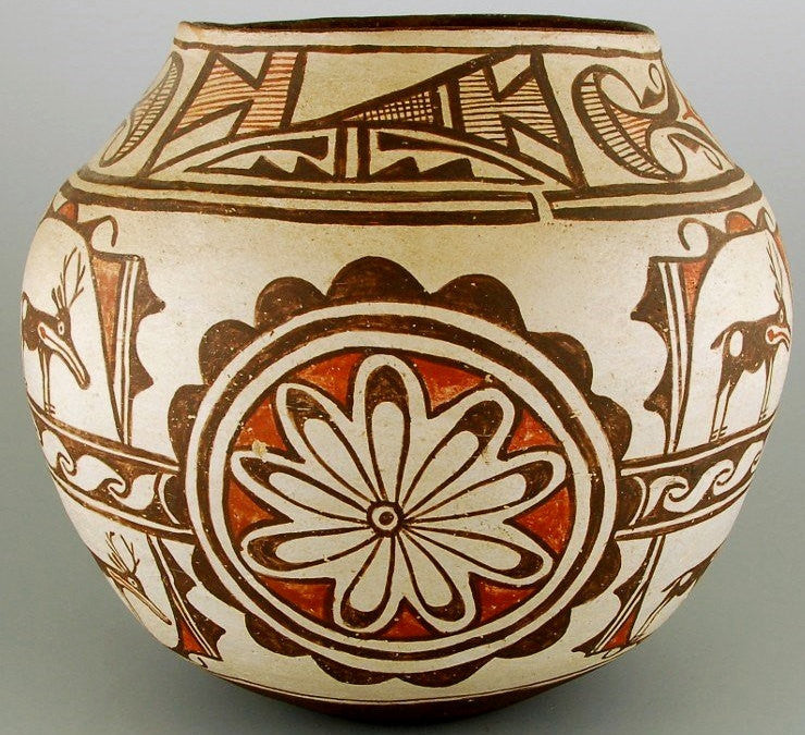 Zuni Pottery, Native American Pottery, Polychrome Pottery Jar, Circa 1920, With Deer and Rosettes, #678