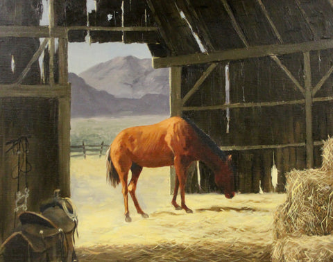 Country Painting : Marshall Merritt Artist, Marshall Merritt Oil Paintings, "Horse in a Barn", Ca 1960's, #691 Donated to NRA Foundation 2016