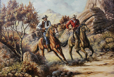 Oil Paintings : L Karren-Brakke Oil Paintings, "Cowboys on Horses" L Karren-Brakke Western Artist, CA 1960'-1970's, #693 Sold Out