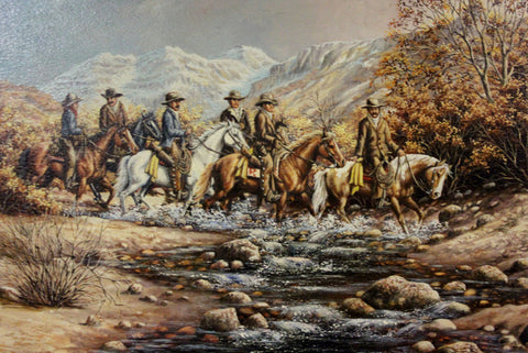 Painting : L. Karren-Brakke Oil Painting of a Group of Cowboys on Horses Crossing a Stream, L. Karren-Brakke Western Artist, CA 1970's, #694 Donated to NRA Foundation 2016