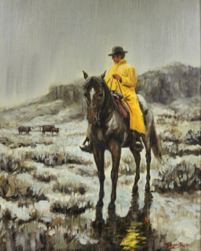 Western Painting : Andy Dagosta Oil Painting, "Slicker weather", Andy Dagosta Artist, Andy Dagosta Western Artist, CA 1960's-1970's, #692
