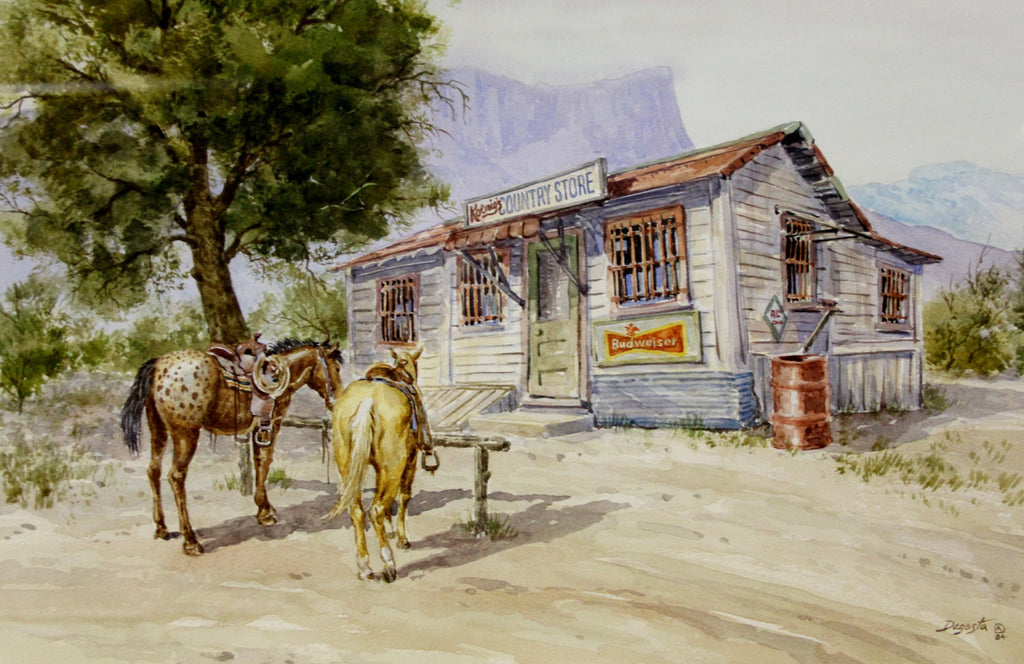 Western Art : Andrew Dagosta, Western Artist, Water Color Painting, " Country Store", Ca 1984, #712