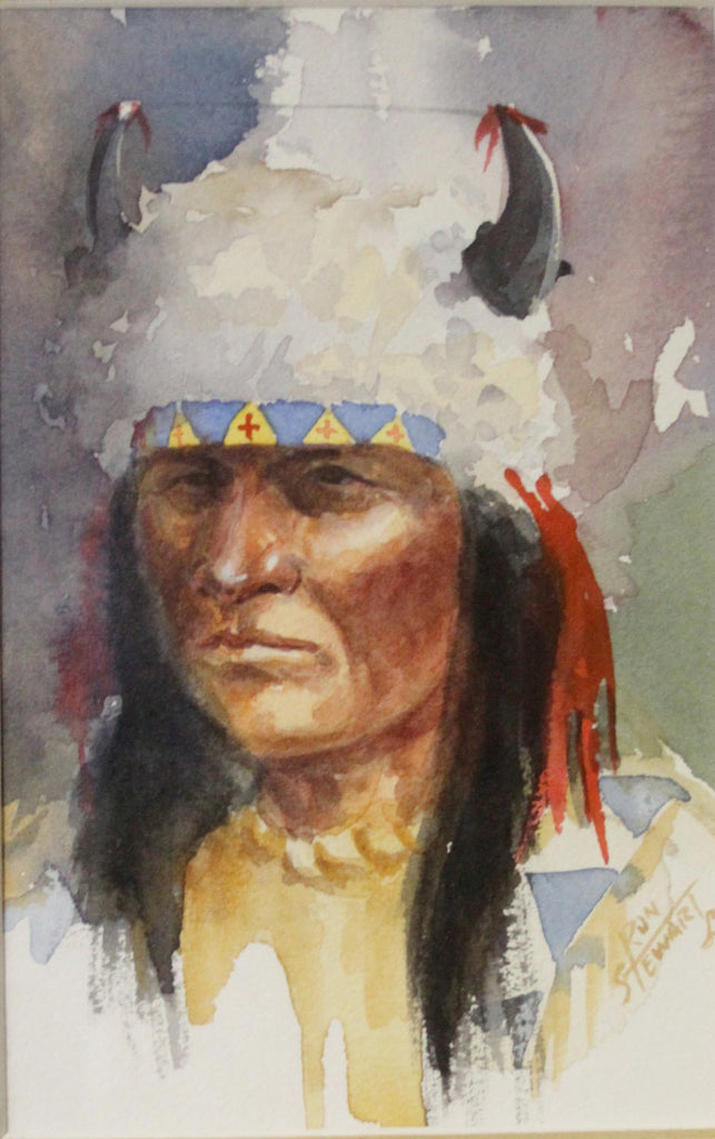 Western Art:  Ron Stewart, Western Artist, Water Color Painting, ‰ÛÏThree Indians and a Mountain Man‰۝, Ca 1980, #731