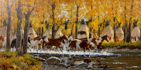 Western Artist: Ron Stewart, "Ponies of Autumn", Oil Painting, #736 Sold