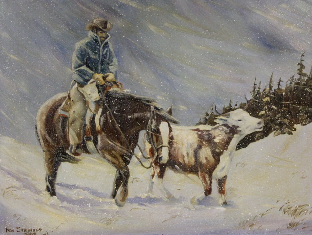 Western Artist, Ron Stewart Oil Painting, "Pushing For Home" , Ca 1960's, #688