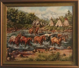 Western Oil Painting, by L. Karren-Brakke of Running Horses Crossing Stream, Ca 1970's, C#1486