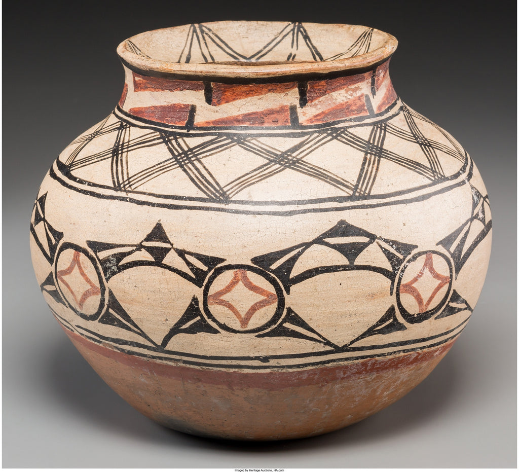 Historic Native American, Tesuque Poly Chrome Jar, Ca 1890, #1128 Reserve for Bob