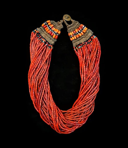 Authentic Konyak Naga Heavy Red Multi-strand Glass Bead Necklace, with Macramé Closure #1761