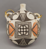 Native American Vintage Acoma Polychrome Pottery Canteen, by Juana Leno, Ca 1990's, #1578